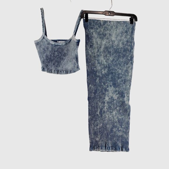 ZARA Women’s 2-Piece Ribbed Tie Dye Velvet Set Blue Crop Top & Maxi Skirt M - Picture 4 of 12
